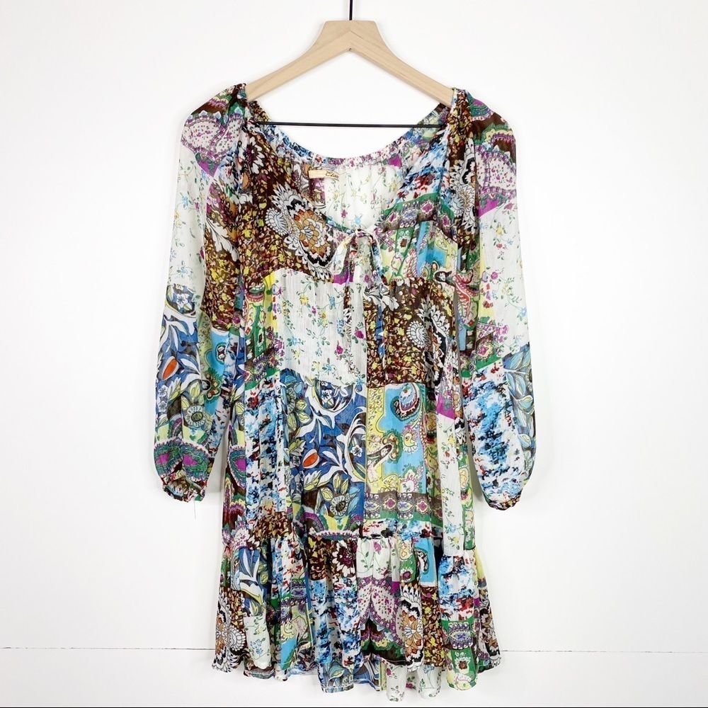 Elan Patchwork Boho Print Sheer Flounce Hem Swim Cover Up Small EUC
